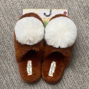 JS Brown Fuzzy Slippers with White Pom Poms BNWT